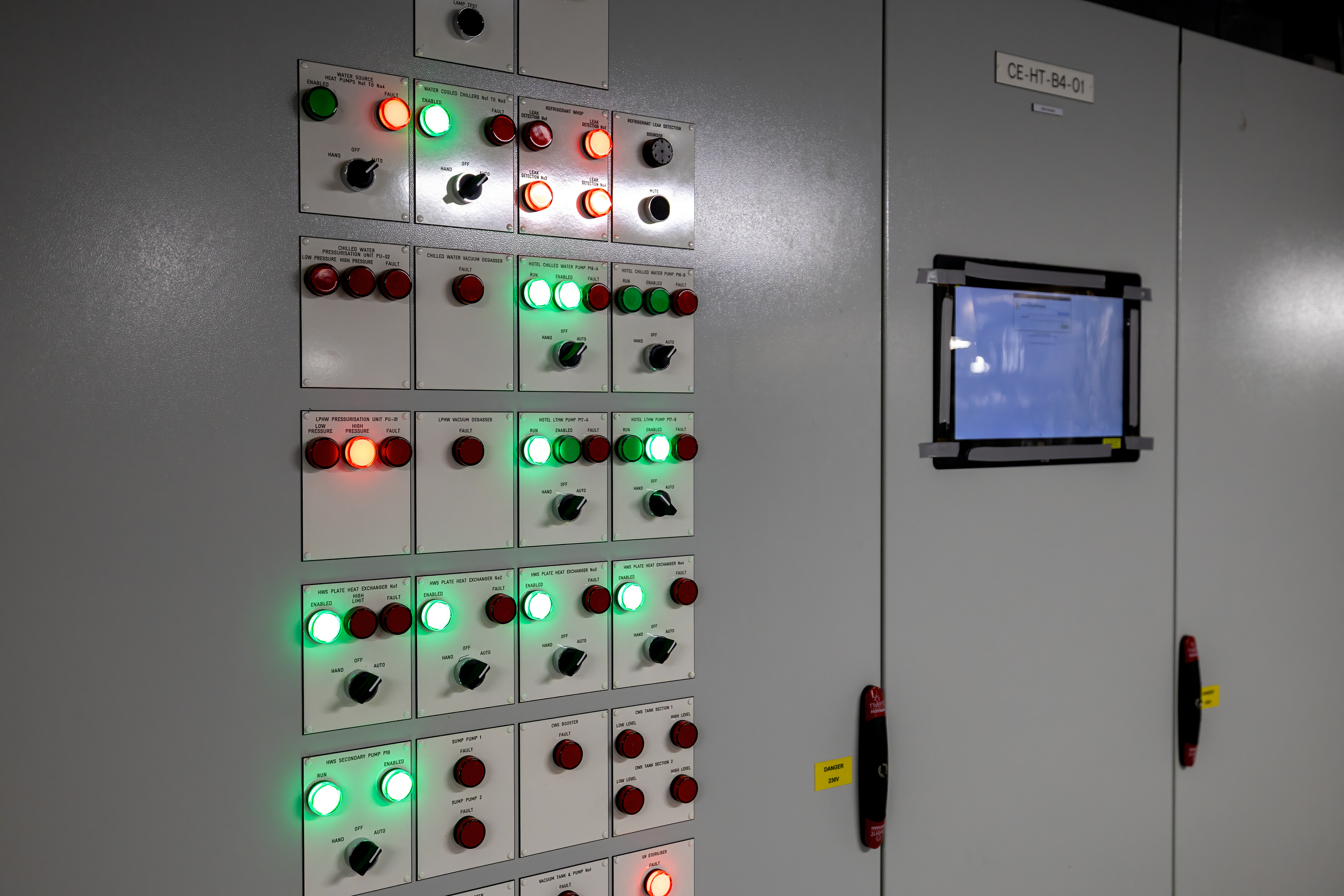 Control panel indicators and interface during system testing and commissioning